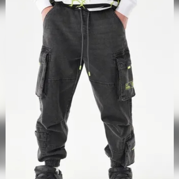 Men's Charcoal Cargo Pants with Neon Accents - Picture 1 of 8